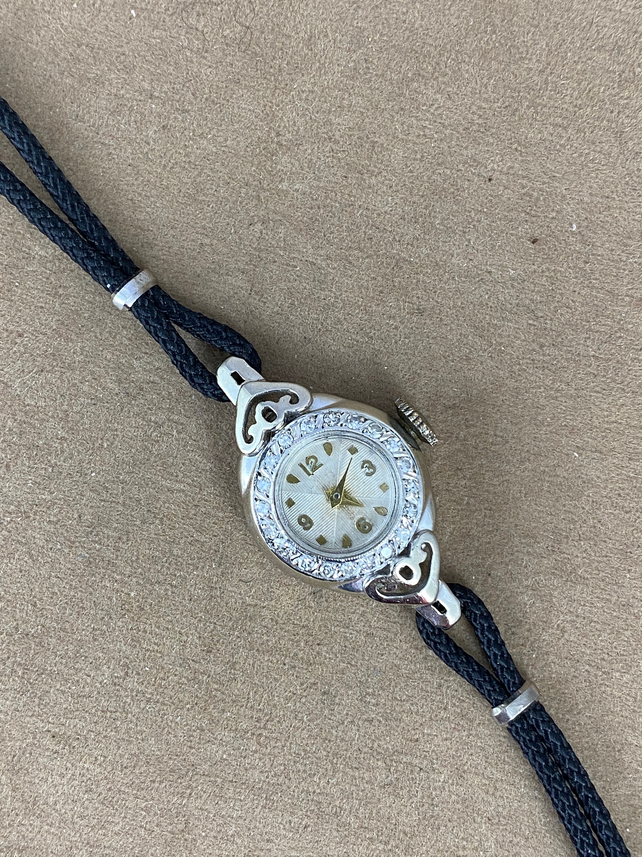 Vintage Art Deco Diamond Watch: 14K White Gold Swiss Cord  display picture 2
