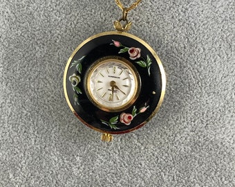 Vintage Gold plated FLucerne 17 Jewel Swiss Pendant Watch Blue Enamel with Red Roses 24 Inch 14K Gold Filled Necklace