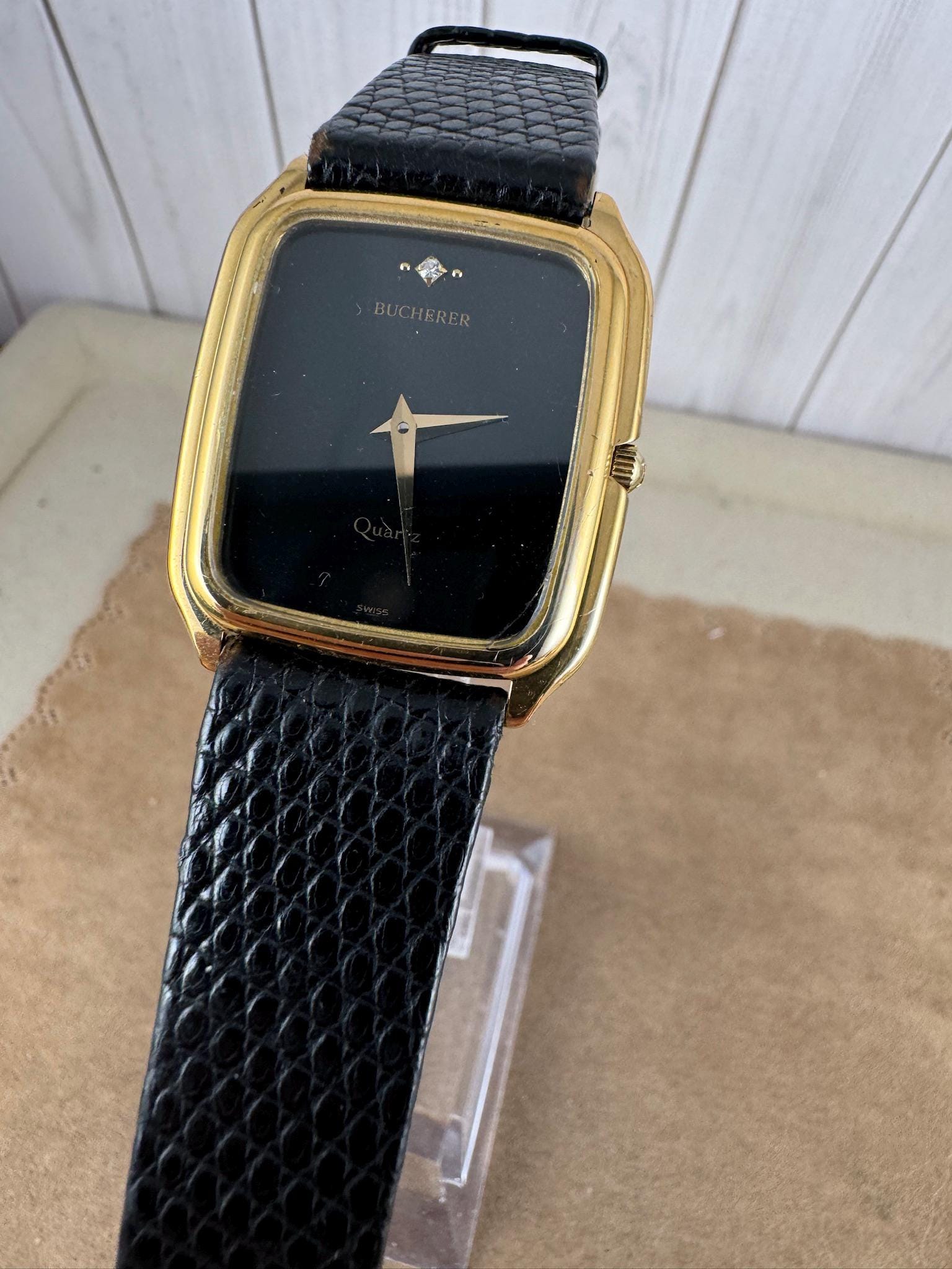 Vintage Bucherer Swiss Quartz Watch: 18K Gold Plated Tank With