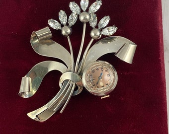 Vintage Helbros Sterling Silver Floral Rhinestone Watch Brooch