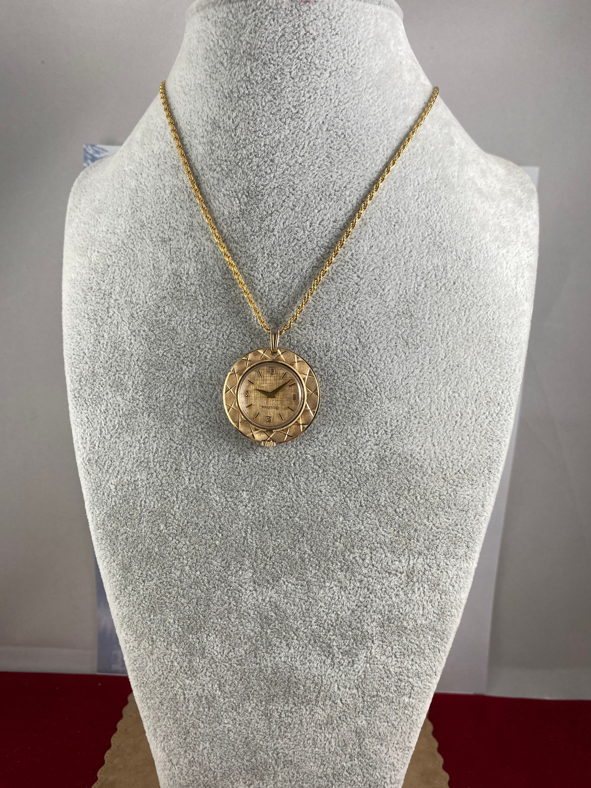 Vintage Bulova Pendant Watch Necklace: Gold Plated Brocade 