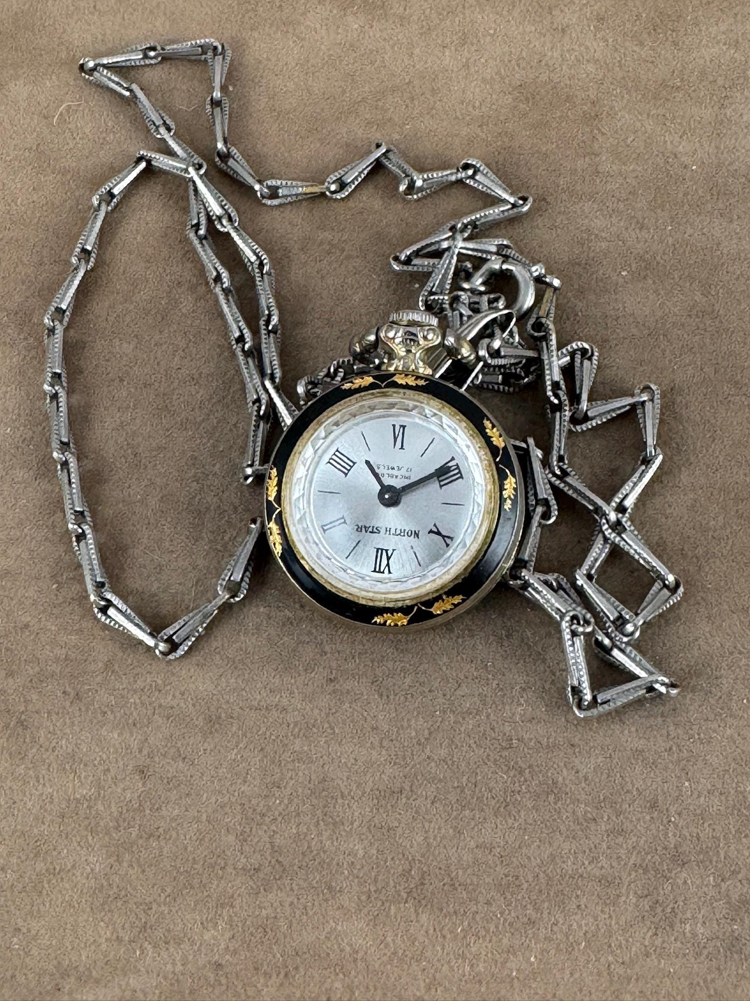 Vintage North Star Swiss Pendant Watch: Black Enamel Gold 