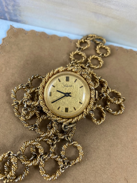 Vintage Sheffield Swiss Pendant Watch Gold Tone with Gem