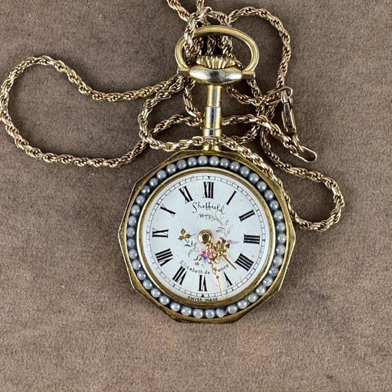 Vintage Sheffield Swiss Pendant Watch: Pearl Bezel, Gold  display picture 3