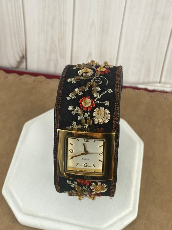 Vintage 90s Bohemian Embroidered and Beaded Cuff Bracelet  display picture 2