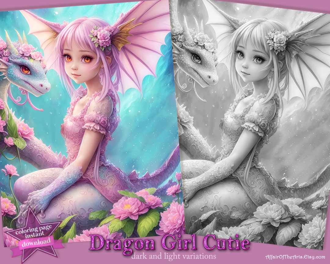 Dragon Coloring Kawaii Dragon Girl Coloring Page Anime - Etsy UK