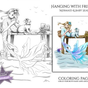 Cute Mermaid Coloring Page for Kids & Adults - Whole Family Fun - with Baby Seal Line + Grayscale Coloring Page Instant Download - PDF