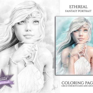 Beautiful Fantasy Coloring Page Instant Download - 3 Versions - Printable PDF - Fairy, Elven, Princess