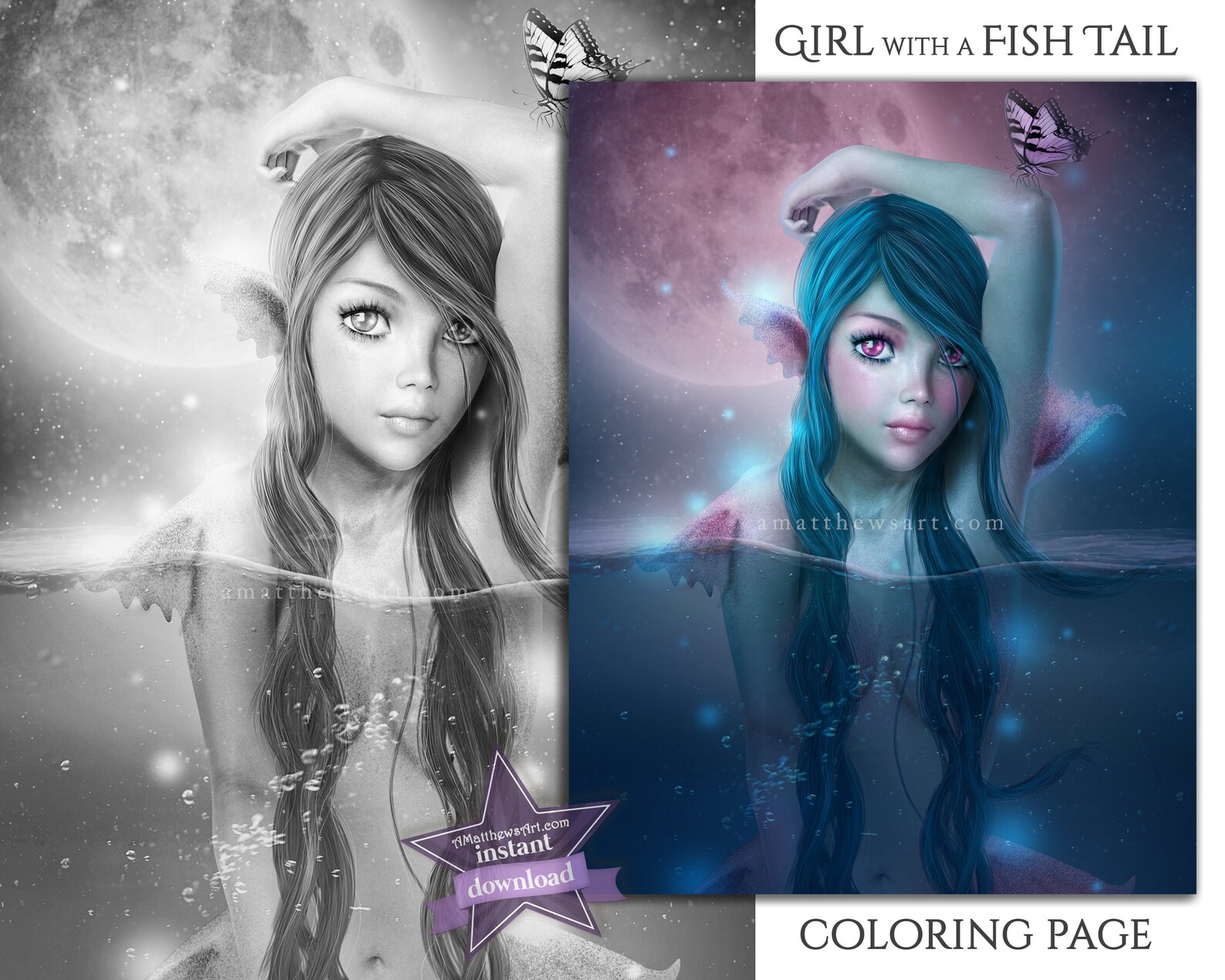 Realistic Mermaid Coloring Pages for Adults Instant Download | Etsy