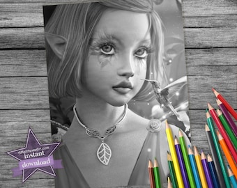 Precious Magical Elven Fairy with Hummingbird Grayscale Coloring Page Instant Download - Printable PDF