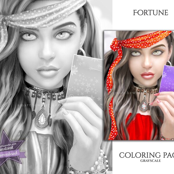 Halloween Fortune Teller Grayscale Coloring Page Instant Download - 3 Versions - Printable PDF - Witchy, Gypsy, Wiccan, Tarot