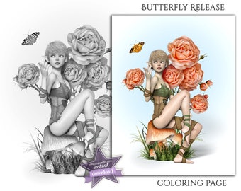 Butterfly Fairy Coloring Page for Adults Instant Download - Printable PDF - Pretty Pixie, Butterfly, Roses & Mushrooms