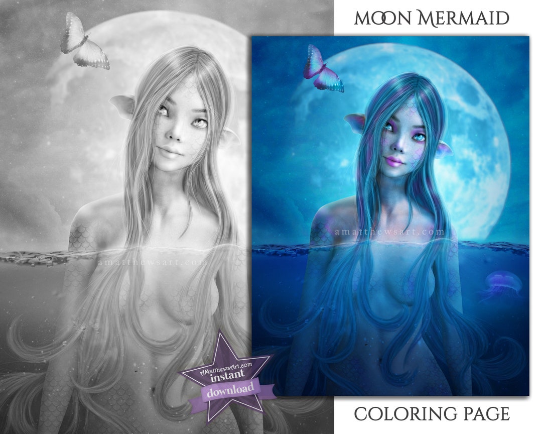Beautiful Mermaid Moon and Butterfly Stylized Art Coloring Page Instant ...