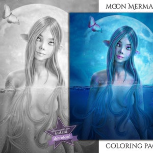 Beautiful Mermaid Moon and Butterfly Stylized Art Coloring Page Instant Download - Printable PDF