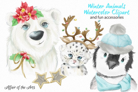 Christmas clipart digital download Watercolor clip art Winter animals clipart penguin and polar bear Printable watercolor clipart Fox