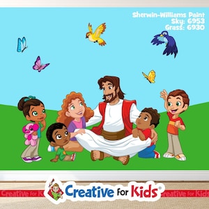 Jesus Sitting With Kids Bible Story Wall Decal Set for Kids – Jesus & Bible Scenes | Sunday School Wall Art | Preschool Church Decor | 9553