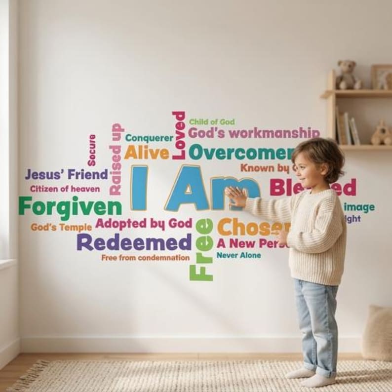 Op de afbeelding: Een muursticker met de woorden "I Am" in blauw, omringd door andere woorden in verschillende kleuren. De woorden zijn onder meer "Forgiven", "Redeemed" en "Chosen". Een kind staat in de buurt van de sticker.
