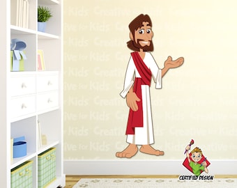 May include: A cartoon illustration of Jesus wearing a white robe and a red sash. He is smiling and has his hand raised, as if he is talking. The background is a light beige color with the words "Live for Kids Creative" repeated in a pattern.