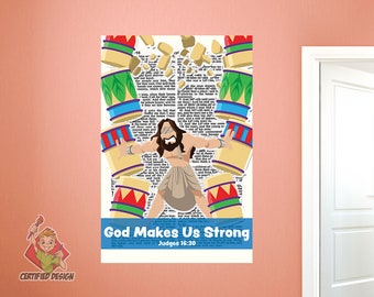 God Makes Us Strong Wall Decal, Samson Bible Story, Bible Story Wall Decal, Sunday School Decal, Nursery Decal, Kids Scripture 9473