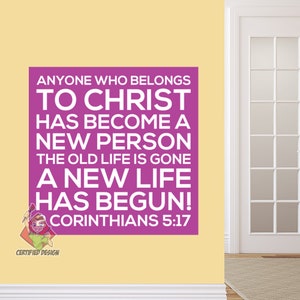 2 Corintios 5:17, calcomanía de pared para la escuela dominical, póster con versículos bíblicos, aula preescolar, arte religioso para niños, guardería de la iglesia, versículo bíblico, 9384