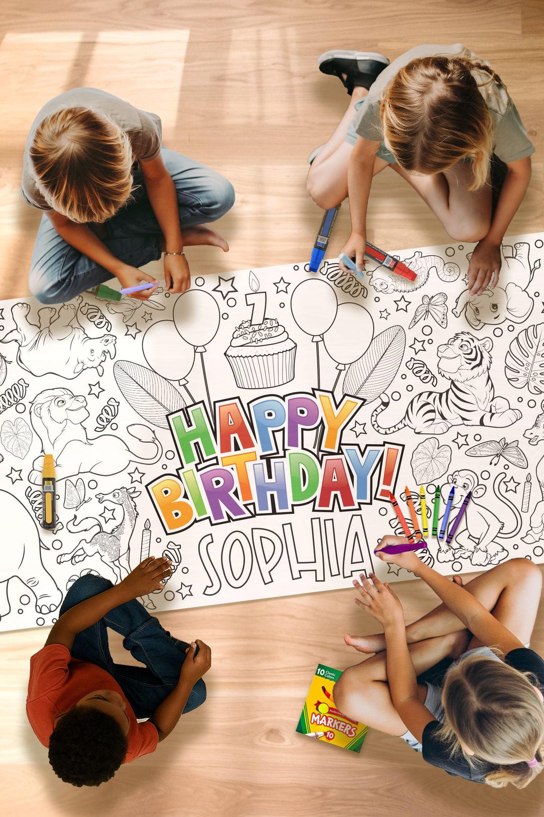 Personalized Animal Coloring Table Runner, Kids Birthday Party Activity ...