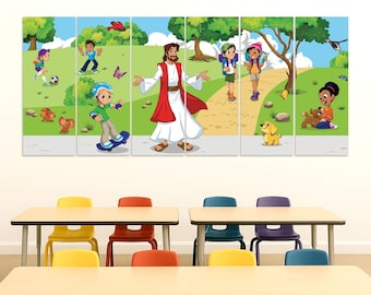 Jesus with Children Park Collage Banner – Christian Wall Art for Sunday School - 6560