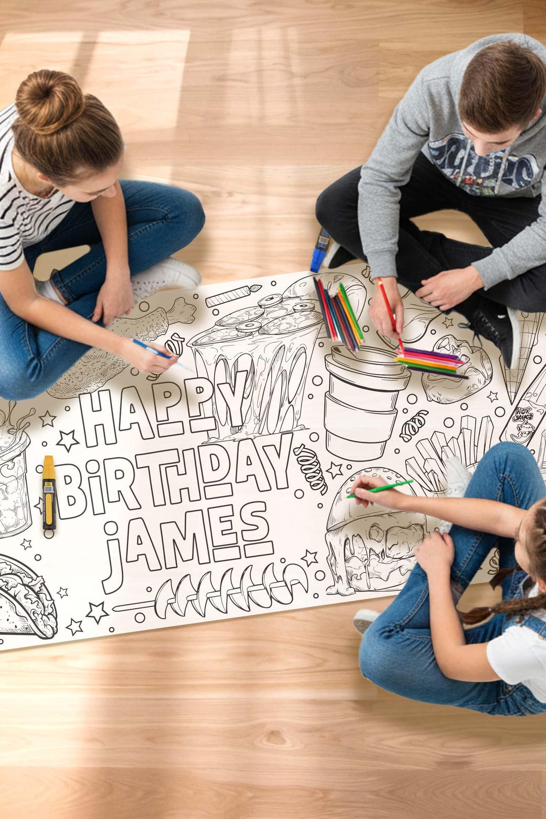 Personalized Birthday Coloring Table Runner, Junk Food Party Kids ...