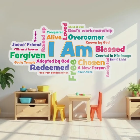 I Am Word Cloud Wall Decal: Religious Kids Art, Sunday School Decor