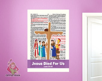 Jesus Died For Us Wall Decal, Jesus Crucifixion Wall Decor, Bible Story Wall Decal, Sunday School Decal, Nursery Decal, Kids Scripture 9457