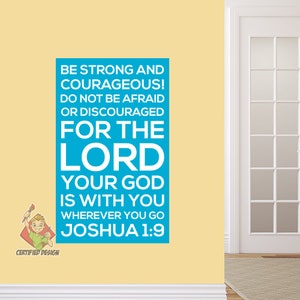 Josué 1:9, calcomanía de pared para la escuela dominical, póster con versículos bíblicos, decoración para el ministerio de jóvenes, arte religioso para niños, lección cristiana, historia bíblica, 9405