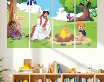Jesus with Children Campfire Collage Banner – Christian Wall Art for Sunday School - 6557