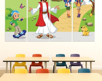 Jesus with Children Park Collage Banner – Christian Wall Art for Sunday School - 6559