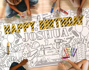 Personalized Construction Coloring Table Runner, Kids Birthday Party Activity Tablecloth