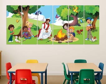 Jesus with Children Campfire Collage Banner – Christian Wall Art for Sunday School - 6558