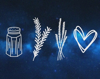 May include: White line drawings of a salt shaker, rosemary sprigs, lavender sprigs, and a heart on a blue background.