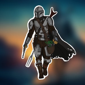 May include: A silver and black armored figure with a cape, holding a small green creature in a pouch. The figure is carrying a blaster pistol and a staff.