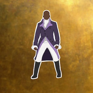 May include: A black and white illustration of a man wearing a purple coat with white pants and black boots. The background is a blurry gold color.
