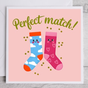 Tarjeta de pareja perfecta, linda tarjeta romántica, divertida tarjeta de felicitación con temática de calcetines, tarjeta de aniversario, adorable tarjeta de amor, divertida tarjeta de pareja