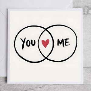 Biglietto con diagramma di Venn "Tu + io", biglietto d'amore romantico, biglietto minimalista, biglietto di anniversario, biglietto di auguri semplice e dolce, biglietto di connessione sentita