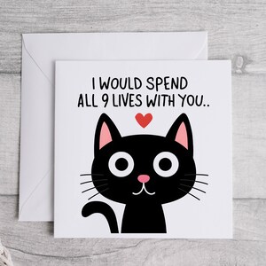 Tarjeta de amor de gato, tarjeta de nueve vidas, ilustración de gato lindo, tarjeta de gato romántica, regalo de amante de los gatos, diseño de gato adorable, tarjeta con temática de gato