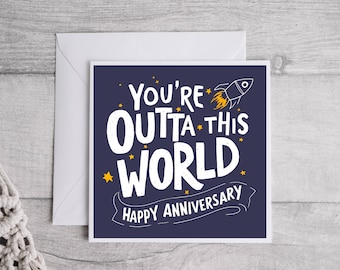 Carte joyeux anniversaire You're outta this world, carte amour, carte romantique, carte amour mignonne, cadeau attentionné, carte espace, carte vaisseau spatial