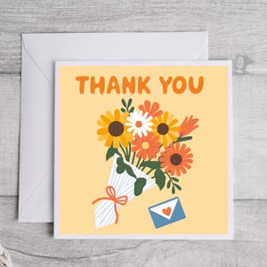 Cartão de agradecimento com buquê de flores, cartão de agradecimento, cartão de gratidão, presente atencioso, cartão alegre