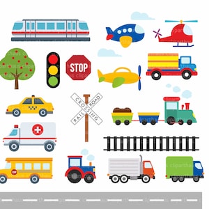 Clipart de trens, aviões e caminhões, transporte, cores primárias, ferrovia, trator, carros, uso comercial, clipart vetorial, arquivos SVG