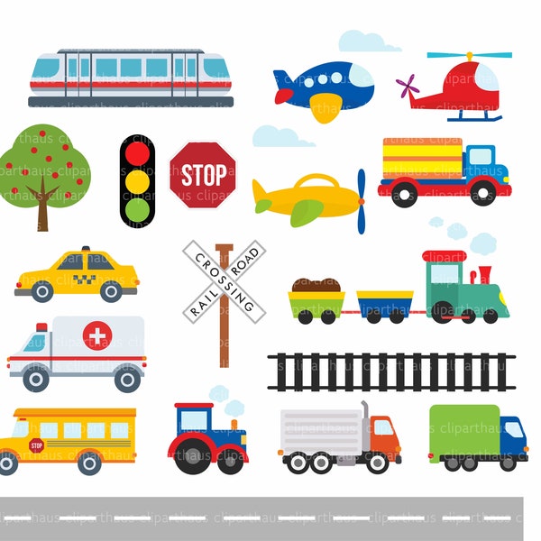 Trains, avions et camions clipart, transport, couleurs primaires, chemin de fer, tracteur, voitures, usage commercial, vecteur clipart, fichiers SVG