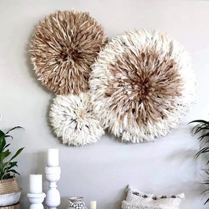 White and Tan juju hat set | African feather hanging | boho wall decoration