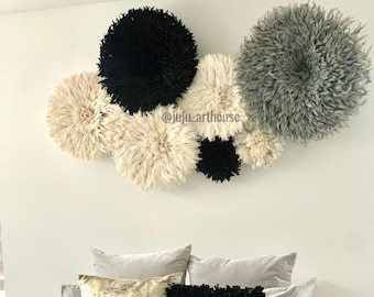 7 juju hat wall decor set in white grey black, above bed boho wall hanging, african feather art minimalist interior living room hanging gift