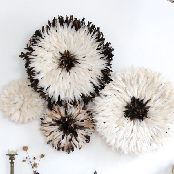 Set of 4 juju hats natural feathers - white and tan juju hat boho style decor - African juju hat wall decor - rattan wall feathers - tyn hat