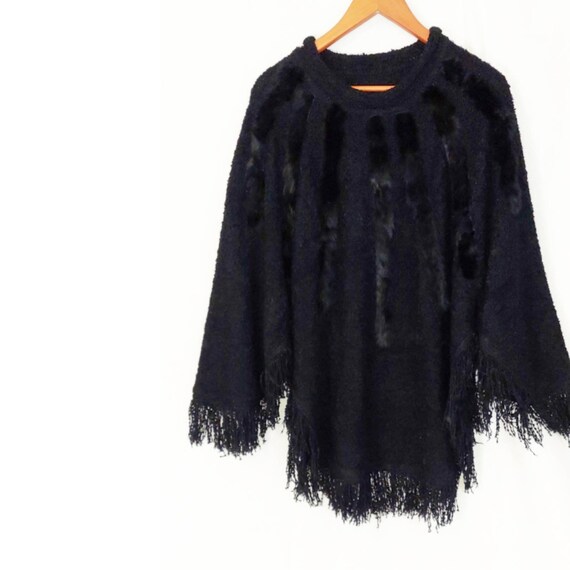 VINTAGE 80's Opulent Black Fringe Poncho Sweater T