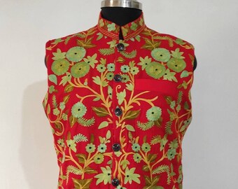 Handmade Kashmiri Embroidered Merino Wool Nehru Jacket