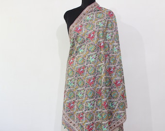 Pure Pashmina Jamawar Shawl with Sozni Hand Embroidery, Handmade Undyed Natural White, Paper Mache Embroidery Shawl